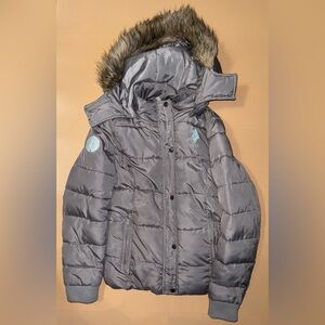 U.S. Polo Assn. Kids Gray Puffer Jacket with Faux Fur Hood
